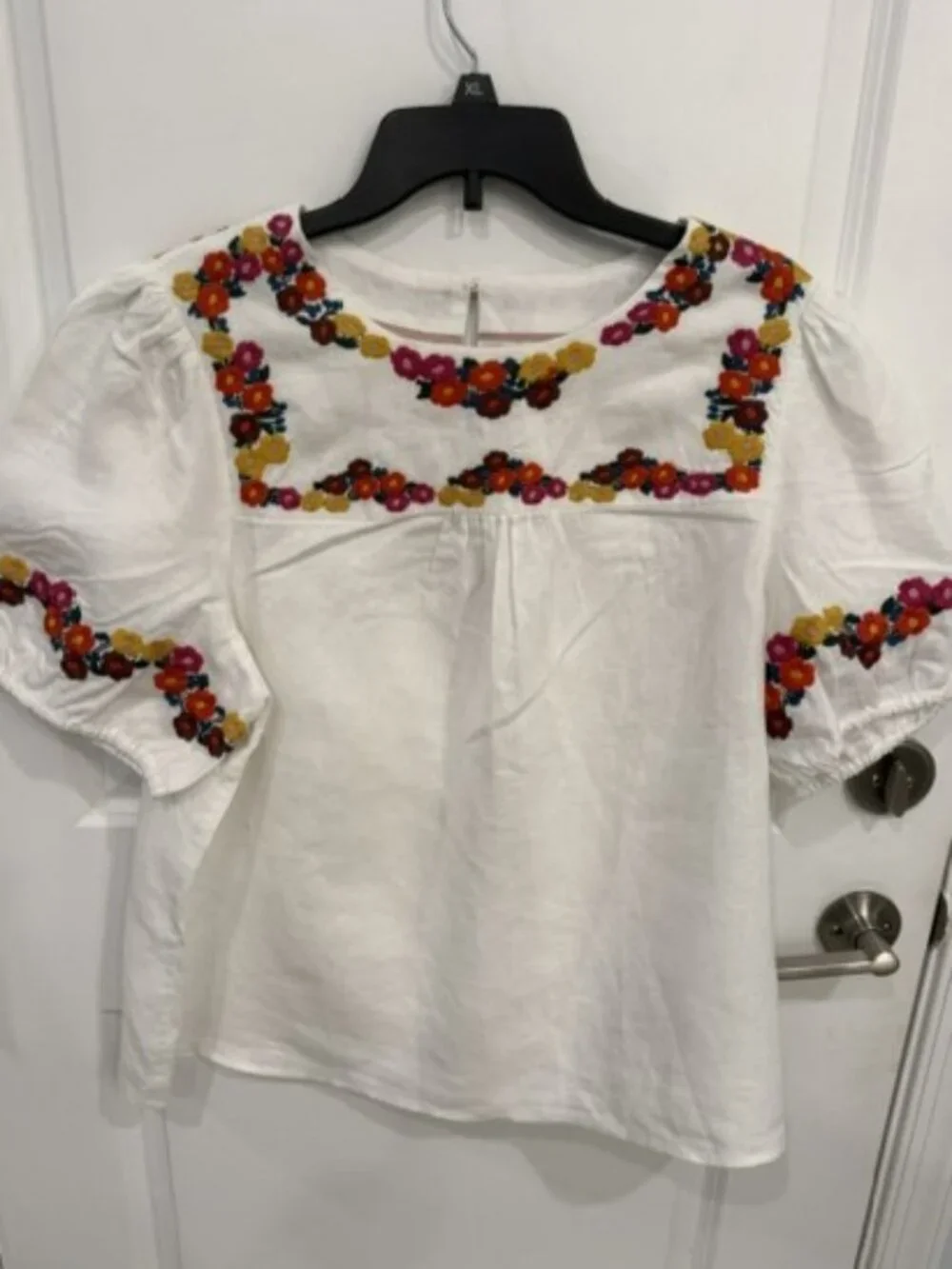 Boden White Multi-Color Floral Embroidered Puff Sleeve Linen Blouse